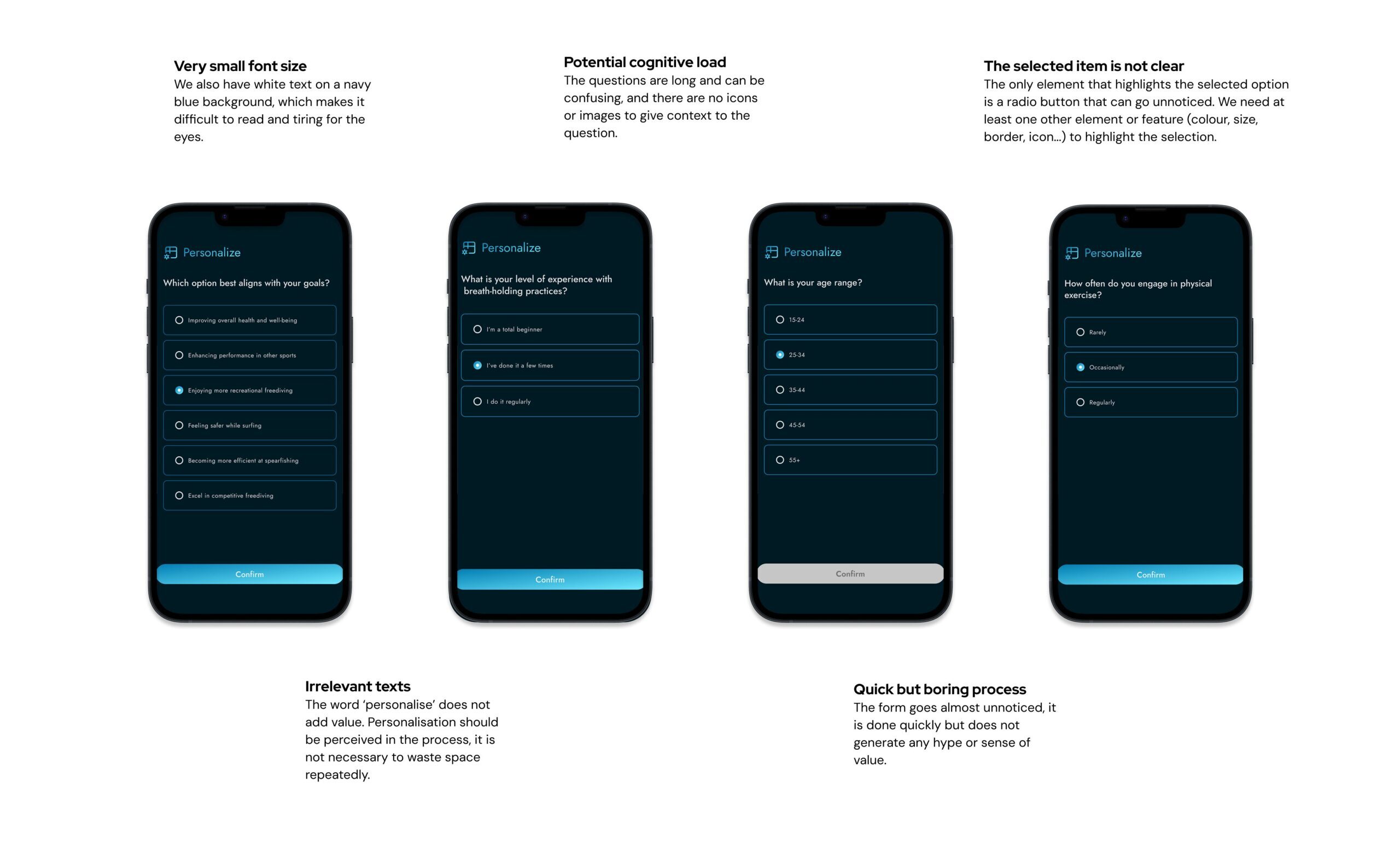 Apnea wireframes and prototypes, created using UX methodology to enhance navigation and usability.