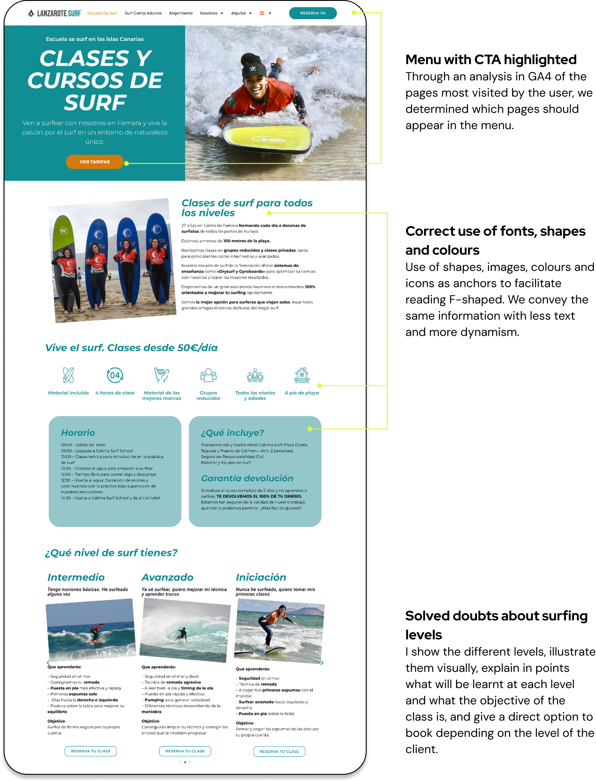 User-centered website design for Lanzarote Surf School – intuitive and engaging interface.